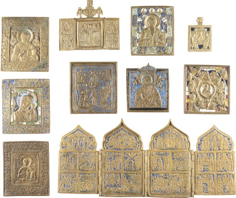 Picture ZEHN BRONZE-IKONEN: TETRAPTYCHON, GNADENBILDER DER GOTTESMUTTER UND HEILIGE