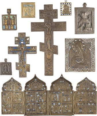 Bild NEUN BRONZE-IKONEN: TETRAPTYCHON MIT HOCHFESTEN, CHRISTUS, GOTTESMUTTER UND HÖLLENFAHRT