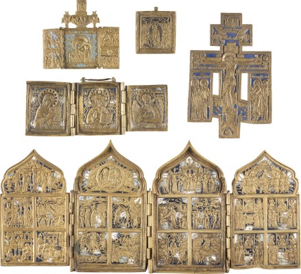 Bild FÜNF BRONZE-IKONEN: HOCHFESTE, KREUZIGUNG CHRISTI, DEESIS UND GOTTESMUTTER VON KASAN