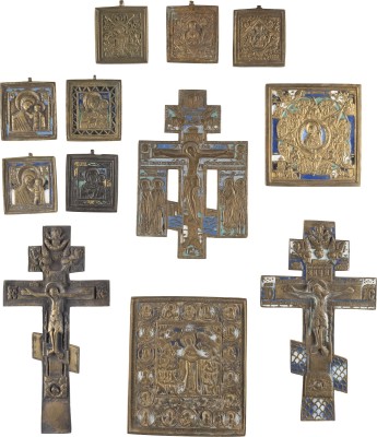 Bild ZWÖLF BRONZE-IKONEN: GNADENBILDER DER GOTTESMUTTER UND KREUZIGUNG CHRISTI