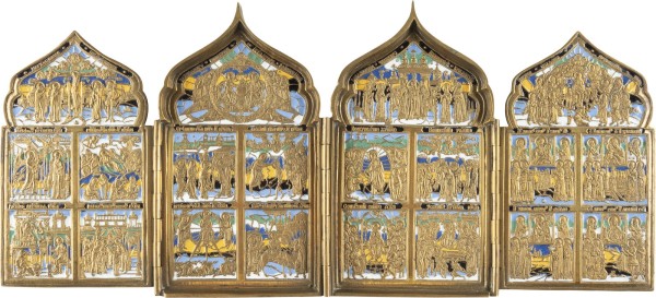Auction <br>A BRASS AND ENAMEL TETRAPTYCH SHOWING MAIN LITURGICAL FEASTS