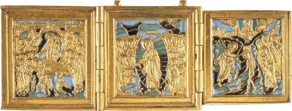 Auktion <br>TRIPTYCHON MIT DER HÖLLENFAHRT CHRISTI FLANKIERT VON DEM ENTSCHLAFEN DER GOTTESMUTTER UND DER TAUFE CHRISTI