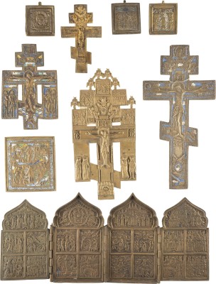 Picture NEUN BRONZE-IKONEN: KREUZIGUNG CHRISTI UND FESTTAGE, DARUNTER EINE SIGNIERTE IKONE MIT DER ANASTASIS