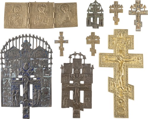 Bild NEUN BRONZE-IKONEN: TRIPTYCHON MIT DER DEESIS UND ACHT KREUZE