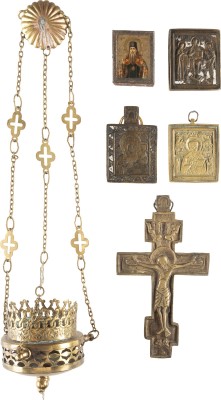 Bild IKONEN-LICHT, MINIATUR-IKONE UND VIER BRONZE-IKONEN