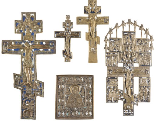 Bild FÜNF BRONZE-IKONEN: HEILIGER NIKOLAUS VON MYRA UND VIER KREUZE
