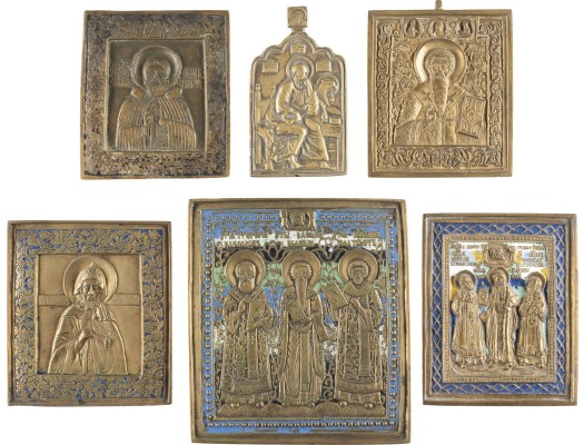 Bild SECHS BRONZE-IKONEN: EVANGELIST JOHANNES UND HEILIGE IM BISCHOFS- UND MÖNCHSORNAT
