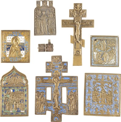 Bild ACHT BRONZE-IKONEN: KREUZIGUNG CHRISTI, GNADENBILDER DER GOTTESMUTTER UND HEILIGE