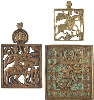 Picture DREI BRONZE-IKONEN MIT REITER-HEILIGEN: SIGNIERTE IKONE MIT DEM HEILIGEN DEMETRIUS, GEORG DER DRACHENTÖTER UND BORIS UND GLEB