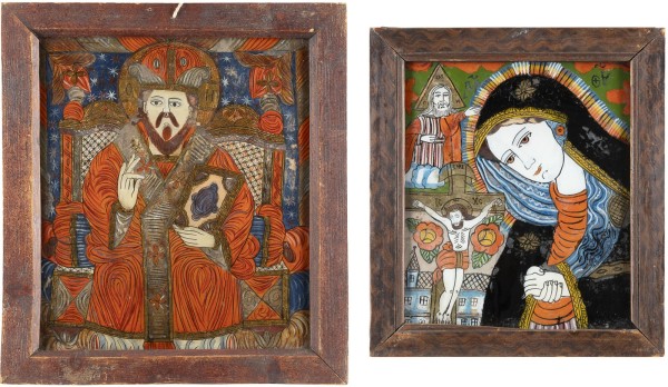Auktion <br>ZWEI HINTERGLAS-IKONEN: HEILIGER NIKOLAUS UND TRAUERNDE GOTTESMUTTER