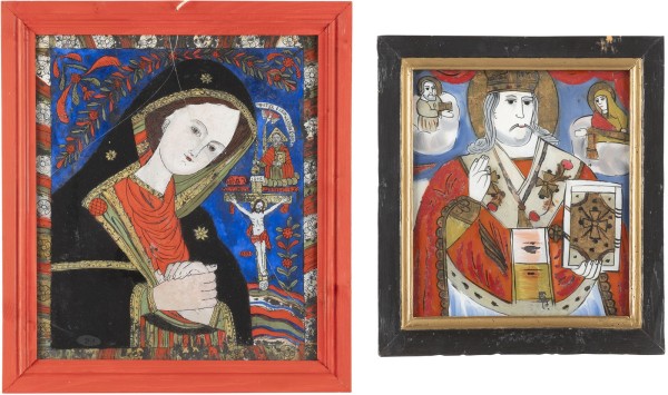 Auction <br>TWO REVERSE PAINTINGS ON GLASS: ST. NICHOLAS AND THE MOURNING MOTHER OF GOD