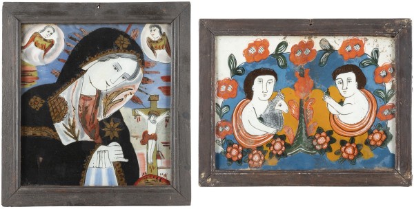 Auction <br>TWO REVERSE PAINTINGS ON GLASS: THE MOURNING MOTHER OF GOD AND CHRIST AND ST. JOHN AS