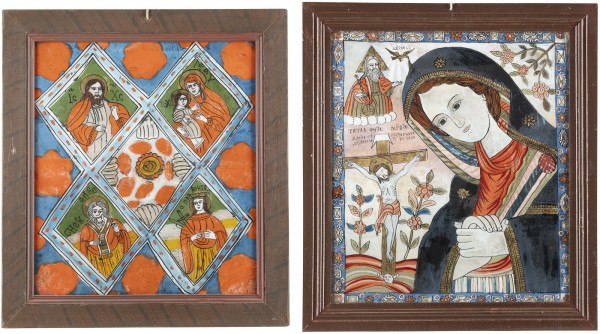 Auction <br>TWO REVERSE PAINTINGS ON GLASS SHOWING THE MOURNING MOTHER OF GOD AND THE HEAVENLY BOARD