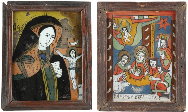 Auction <br>THREE REVERSE PAINTINGS ON GLASS: THE NATIVITY OF CHRIST, THE CRUCIFIXION OF CHRIST AND