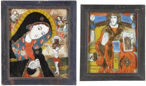Auction <br>TWO REVERSE PAINTINGS ON GLASS: THE ENTHRONED CHRIST AND THE MOURNING MOTHER OF GOD