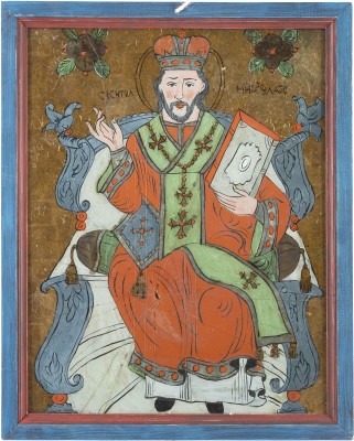 Auction <br>A REVERSE PAINTING ON GLASS SHOWING ST. NICHOLAS