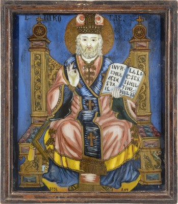 Auktion <br>DATIERTE HINTERGLAS-IKONE MIT DEM HEILIGEN NIKOLAUS