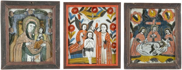 Auction <br>THREE REVERSE PAINTINGS ON GLASS: THE BAPTISM OF CHRIST, THE ENTOMBMENT OF CHRIST AND THE