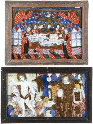 Auktion <br>ZWEI GROSSE HINTERGLAS-IKONEN: GRABLEGUNG CHRISTI UND DOPPEL-IKONE MIT DER AUFERSTEHUNG CHRISTI UND DEM HEILIGEN NIKOLAUS