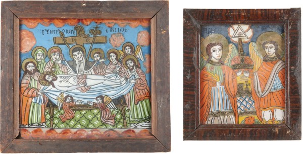 Auktion <br>ZWEI HINTERGLAS-IKONEN: ERZENGEL MICHAEL UND GABRIEL UND GRABLEGUNG CHRISTI