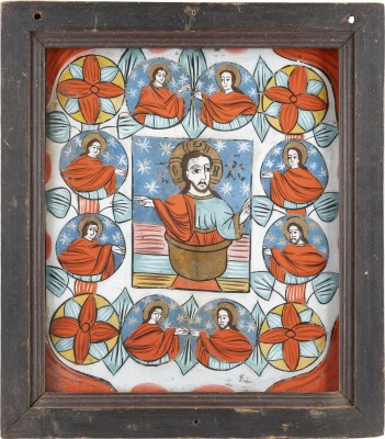 Bild HINTERGLAS-IKONE MIT CHRISTUS, DER EUCHARISTIE UND HEILIGEN