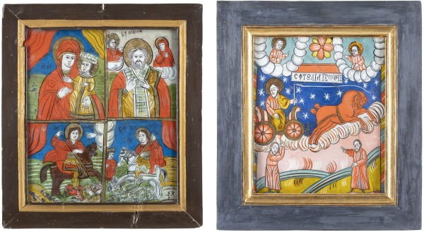 Auction <br>TWO REVERSE PAINTINGS ON GLASS: THE PROPHET ELIJAH AND A QUADRI-PARTITE ICON SHOWING STS.