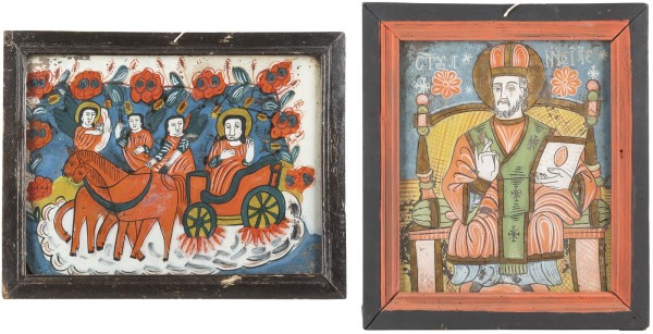 Auction <br>TWO REVERSE PAINTINGS ON GLASS SHOWING ST. NICHOLAS OF MYRA AND THE FIERY ASCENT TO HEAVEN