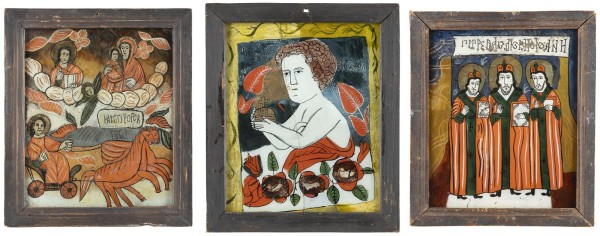 Auction <br>THREE REVERSE-PAINTINGS ON GLASS: THE PROPHET ELIJAH, THE CHRIST CHILD AND THE THREE