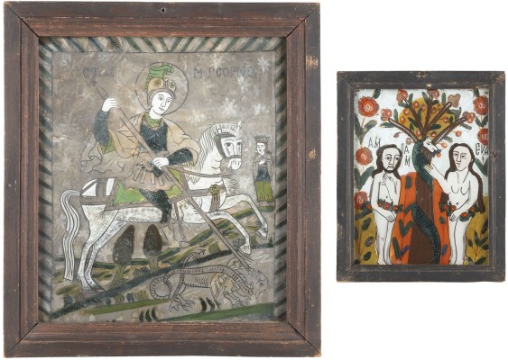 Auction <br>TWO REVERSE PAINTINGS ON GLASS: ADAM AND EVE AND ST. GEORGE SLAYING THE DRAGON