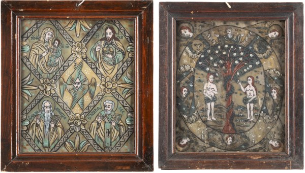 Auction <br>TWO REVERSE PAINTINGS ON GLASS: THE HEAVENLY BOARD AND ADAM AND EVE