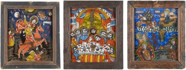 Auction <br>THREE REVERSE PAINTINGS ON GLASS: THE PROPHET ELIJAH, THE LAST SUPPER AND ST. DEMETRIOS