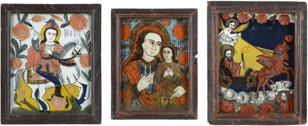 Auction <br>THREE REVERSE PAINTINGS ON GLASS: THE HODIGITRIA MOTHER OF GOD, ST. GEORGE AND THE PROPHET