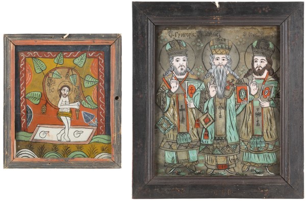 Auction <br>TWO REVERSE PAINTINGS ON GLASS: THREE HIERARCHS OF ORTHODOXY AND CHRIST THE TRUE VINE