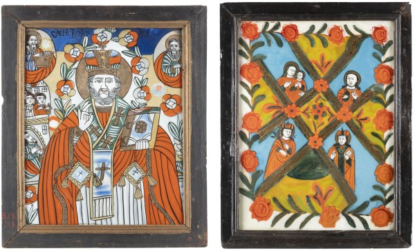 Auktion <br>ZWEI GROSSE HINTERGLAS-IKONEN: HEILIGER NIKOLAUS UND DIE HIMMLISCHE TAFEL