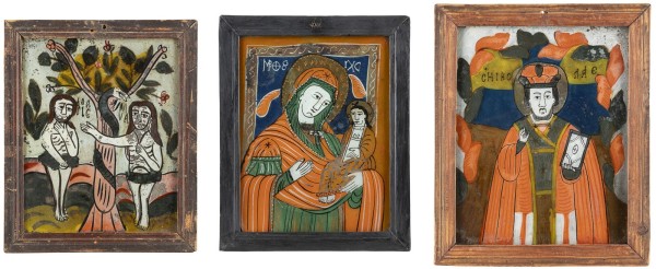 Auktion <br>DREI HINTERGLAS-IKONEN: ADAM UND EVA, HEILIGER NIKOLAUS UND GOTTESMUTTER HODEGETRIA