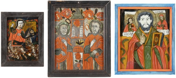Auktion <br>DREI HINTERGLAS-IKONEN: HEILIGER NIKOLAUS, GEORG UND DIE APOSTEL PETRUS UND PAULUS
