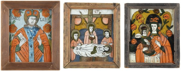 Auktion <br>DREI HINTERGLAS-IKONEN: GOTTESMUTTER HODEGETRIA, GRABLEGUNG CHRISTI UND HEILIGER NIKOLAUS