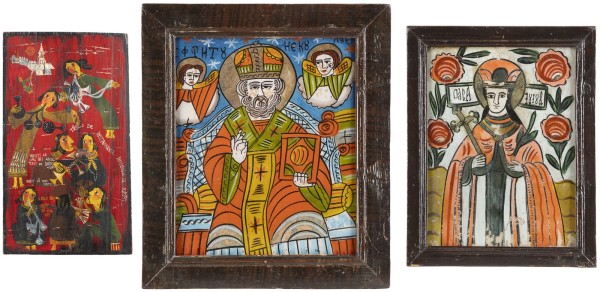 Auktion <br>ZWEI HINTERGLAS-IKONEN MIT DEN HEILIGEN NIKOLAUS UND PARASKEVE UND IKONE