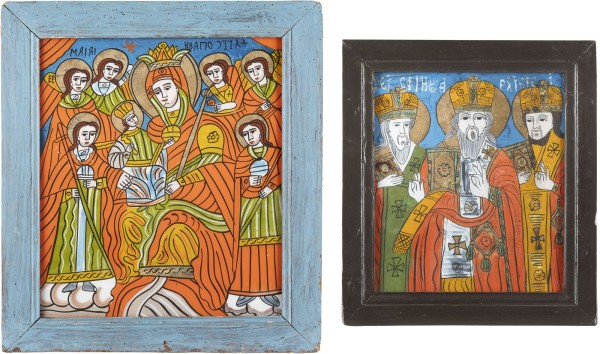 Auction <br>TWO REVERSE PAINTINGS ON GLASS: THE MOTHER OF GOD ENCIRCLED BY THE ARCHANGELS AND THE
