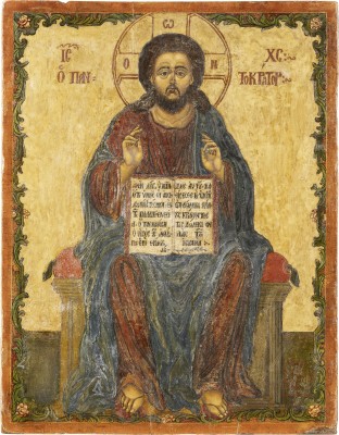 Auktion <br>GROSSFORMATIGE DATIERTE IKONE MIT DEM THRONENDEN CHRISTUS