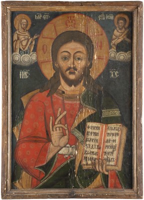 Auktion <br>MONUMENTALE IKONE MIT CHRISTUS PANTOKRATOR AUS EINER KIRCHEN-IKONOSTASE