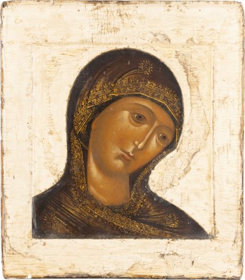 Auktion <br>SEHR FEINE IKONE MIT DER GOTTESMUTTER AUS EINER DEESIS
