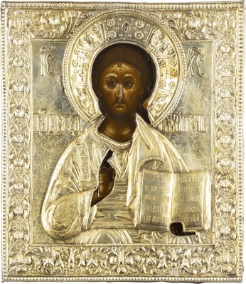 Auktion <br>FEINE IKONE MIT CHRISTUS PANTOKRATOR MIT VERMEIL-OKLAD