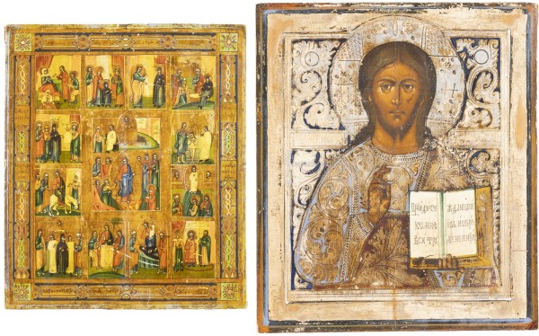 Auktion <br>ZWEI IKONEN: CHRISTUS PANTOKRATOR UND FESTTAGSIKONE