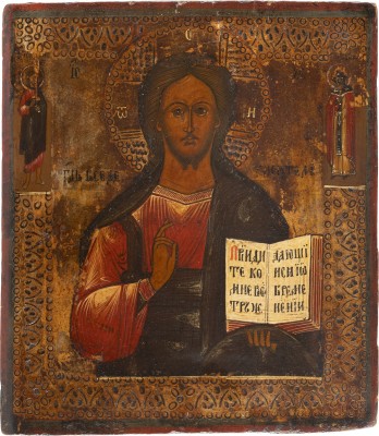 Auktion <br>ZWEI IKONEN: CHRISTUS PANTOKRATOR UND GOTTESMUTTER AUS EINER DEESIS