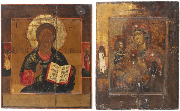 Auction <br>TWO ICONS SHOWING CHRIST PANTOKRATOR AND THE THREE-HANDED MOTHER OF GOD
