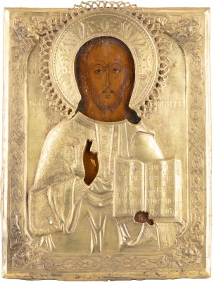Auction <br>AN ICON SHOWING CHRIST PANTOKRATOR WITH OKLAD