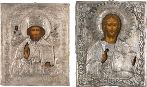 Picture ZWEI IKONEN MIT OKLAD: CHRISTUS PANTOKRATOR UND HEILIGER NIKOLAUS VON MYRA