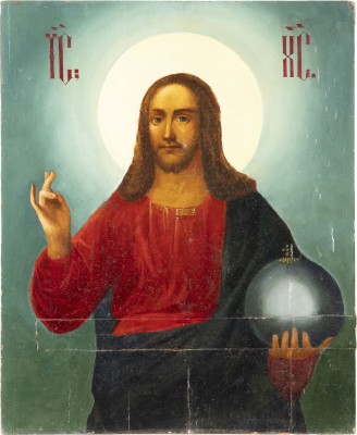 Auction <br>A LARGE DOUBLE-SIDED PROCESSIONAL ICON SHOWING ST. NICHOLAS OF MYRA AND CHRIST PANTOKRATOR