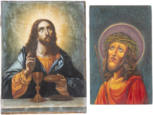 Auktion <br>ZWEI IKONEN: DATIERTE IKONE MIT CHRISTUS UND DER EUCHARISTIE UND DORNENGEKRÖNTER CHRISTUS